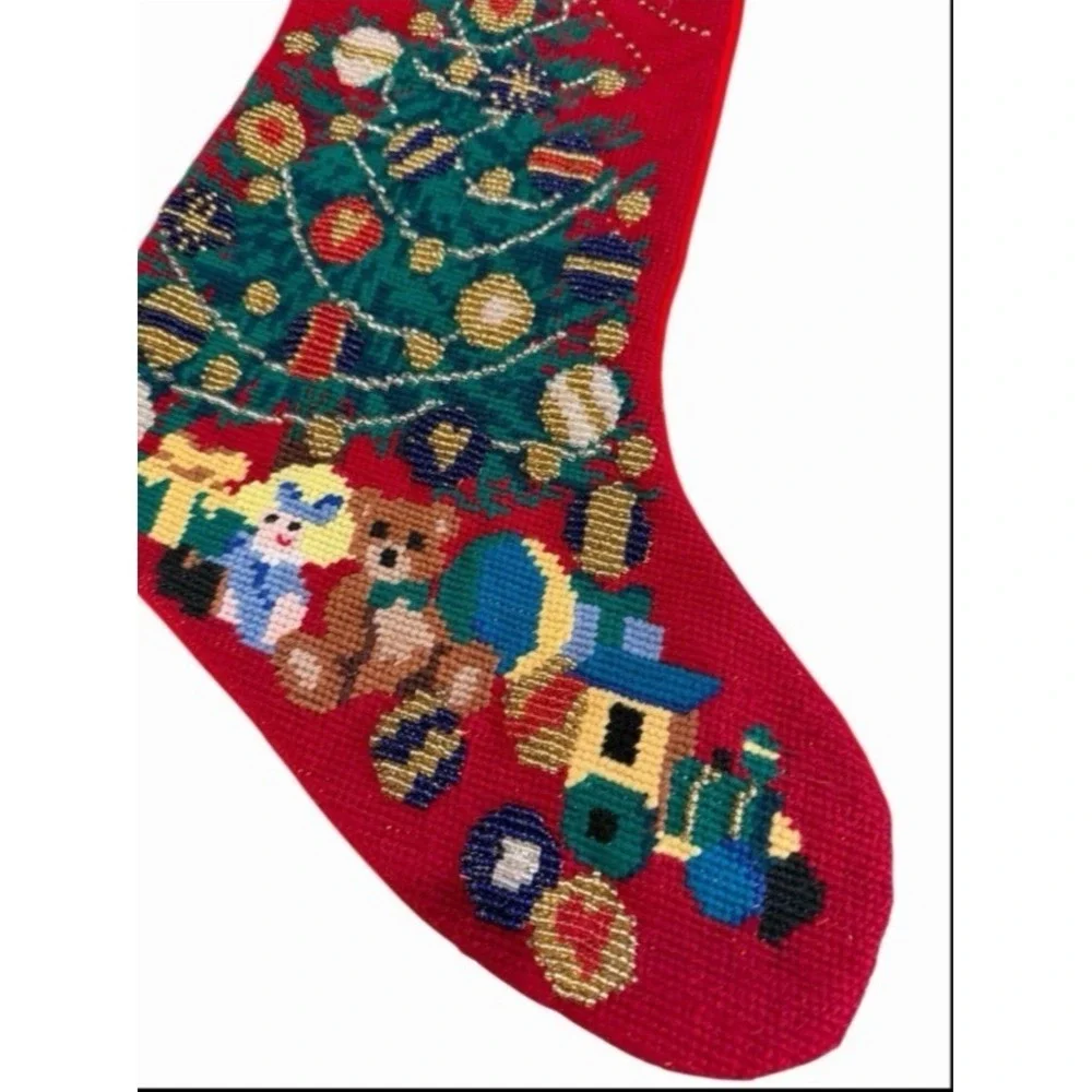 VTG Needlepoint Christmas‎ Stocking Glass Beaded Train Tree Gifts Wool Velvet